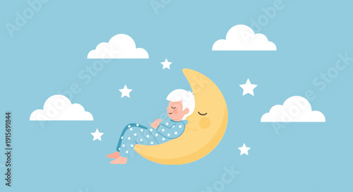 Dreamy Child Sleeping Peacefully On A Crescent Moon Amidst Clouds And Stars