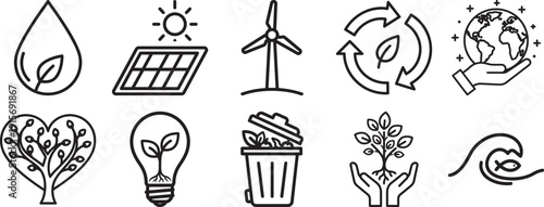 Eco Friendly Icons: Renewable Energy, Recycling, Nature, Sustainability Vector Graphics
