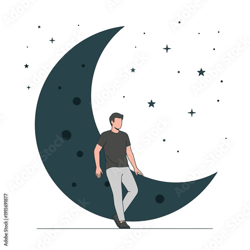 Dreamy Night Sky Scene With Man Leaning On Crescent Moon