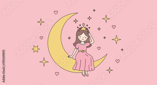 Dreamy Princess Sitting On A Crescent Moon Surrounded By Stars And Hearts