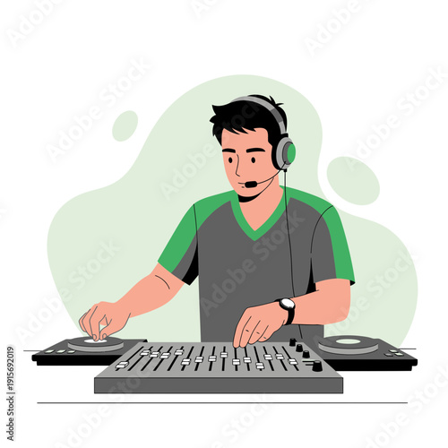 Dynamic Dj Performing Music On Sound Mixer And Turntables
