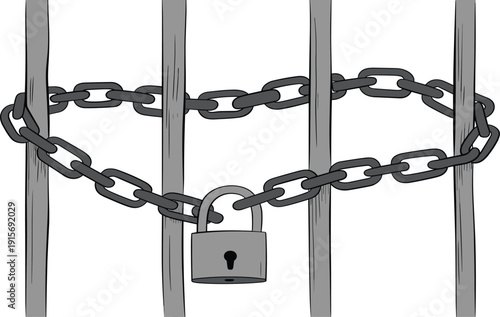 Metal prison bars with heavy chain and locked padlock vector illustration for security justice and crime