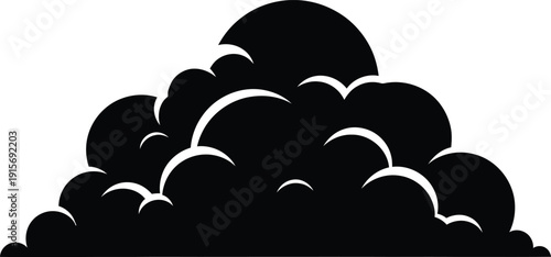 A black silhouette of a large cloud formation against a white background with sunlight peeking through the gaps