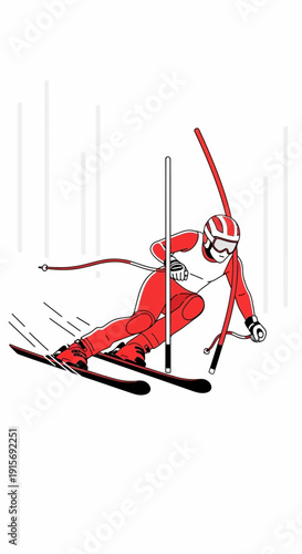 Dynamic Red Skier Navigating Slalom Gates Against White Backdrop: Action and Speed