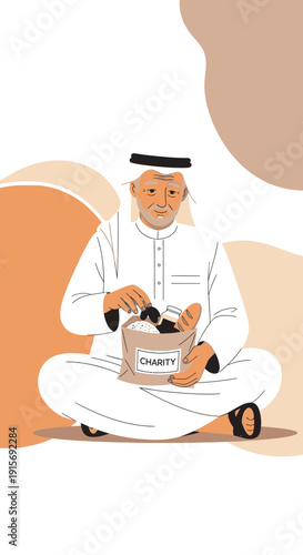 Elderly Arab Man Distributes Charity Gifts From Bag Sitting Cross-legged