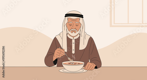 Elderly Arab Man Enjoying A Hearty Bowl Of Soup