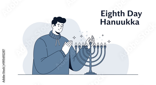 Eighth Day Hanukkah Celebration With Man Lighting Menorah