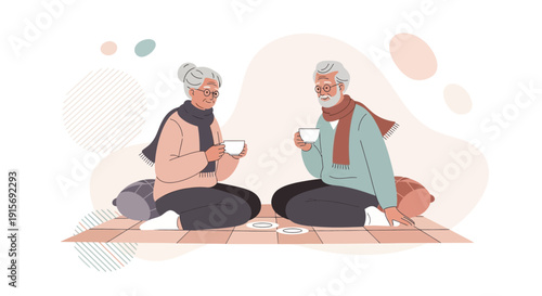 Elderly Couple Enjoying Cozy Beverage Together on Floor