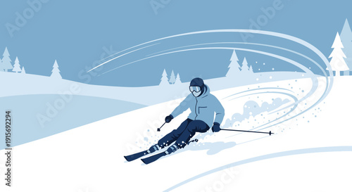 Dynamic Skier Carving Snow Down Mountain Slope Amidst Winter Scenery