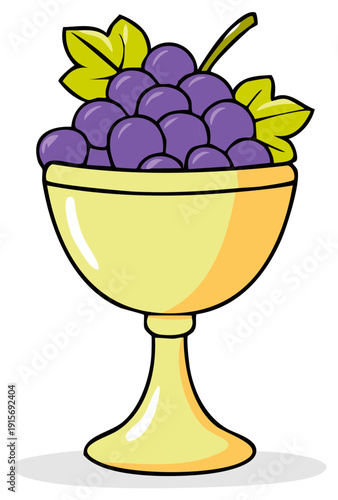 A cartoon illustration of a golden chalice or goblet filled with purple grapes