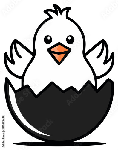 Adorable cartoon baby chick character emerging from a broken eggshell graphic