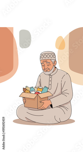 Elderly Muslim Man Holding Donation Box With Food And Essentials