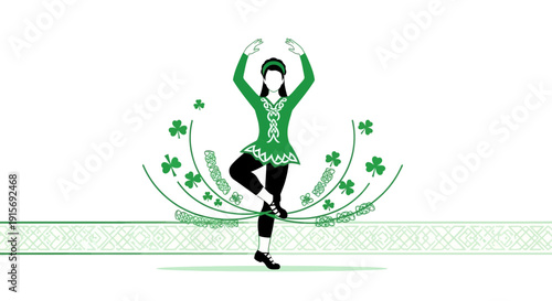 Elegant Irish Dancer Silhouette Surrounded by Shamrocks and Celtic Knots