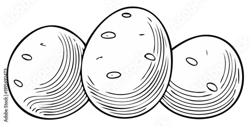 Three stylized potatoes in black and white, close-up, illustrating a food concept.