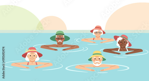 Elderly People Enjoying Time Swimming Outdoors in a Pool Under the Sun
