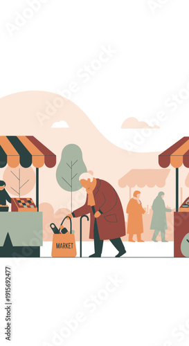Elderly Shopper At Outdoor Market Picking Produce With Cane