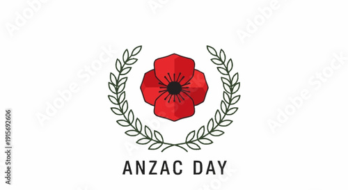 Red poppy with laurel wreath and Anzac Day text flower leaves
