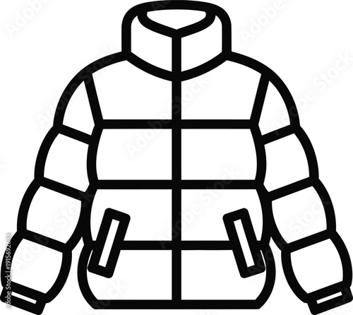 A black and white outline icon illustrating a warm puffer jacket for cold weather protection
