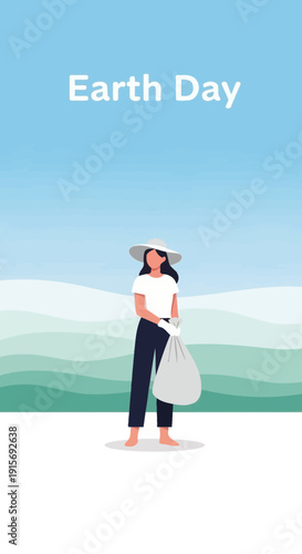 Earth Day Conservation Effort Illustrated Woman Collecting Trash