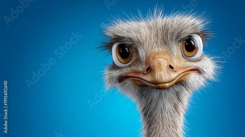 A cartoonish looking ostrich with a big smile on its face. The ostrich is looking directly at the camera