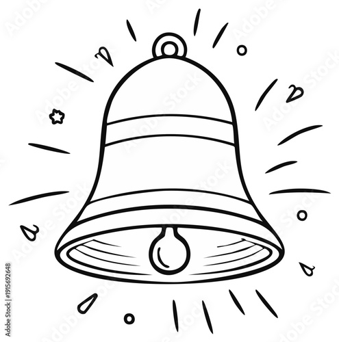 Hand drawn bell ringing with radiating sound waves and small hearts announcing celebration
