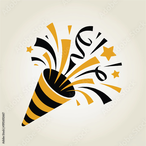 Party popper with yellow and black stripes and stars on beige background