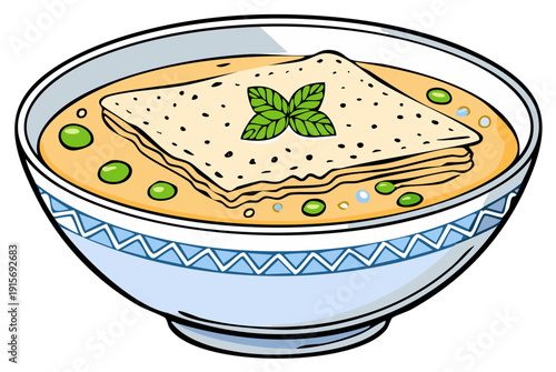 Cartoon illustration of a decorative bowl of cream soup with green peas flatbread and basil garnish