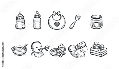 Baby essentials icon set. Feeding and care outline icons collection.