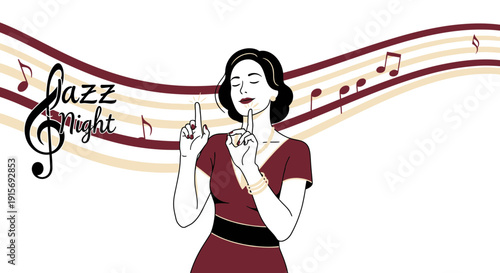 Elegant Woman Dancing To Jazz Music Notes On A Retro Style Background