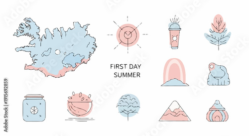 Summer and in pink and blue on white background with Iceland map first day of summer