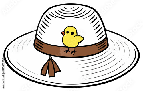 Adorable yellow Easter chick sitting on a wide brimmed spring sun hat illustration