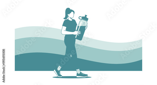 Energetic Woman With Water Bottle Walking Amidst Wavy Background