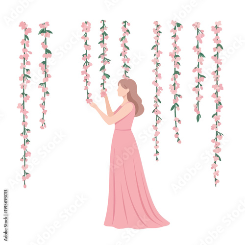 Elegant Woman Interacts With Delicate Floral Cascades Minimalist Design
