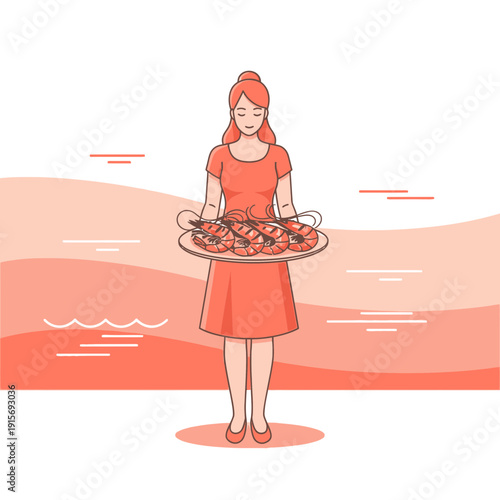 Elegant Woman Presents Delicious Seafood Meal With Graceful Presentation