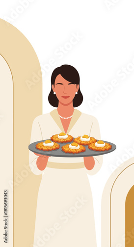 Elegant Woman Presents Delicious Pastries With Joyful Hospitality