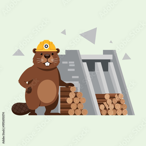 Engineer Beaver Building Sustainable Dam With Logs And Modern Architecture