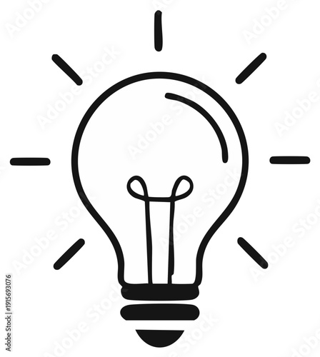 Doodle style light bulb with glowing rays representing a bright idea inspiration or innovation concept