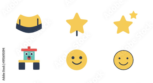 Yellow stars smiley faces and cartoon robot on white background simple shapes