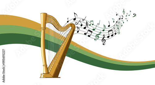 Elegant Harp Melodies Flowing with Musical Notes and Green Swirls