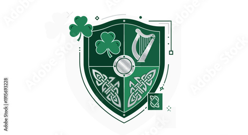 Emerald Isle Heritage Emblem Harp Shamrocks Celtic Knots Elegant Design