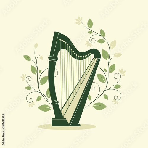 Elegant Harp With Delicate Greenery Artistic Musical Instrument Design