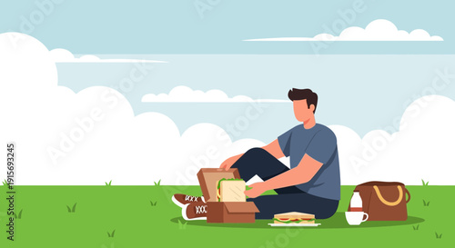Enjoying A Solitary Picnic In A Lush Green Field Under A Bright Blue Sky