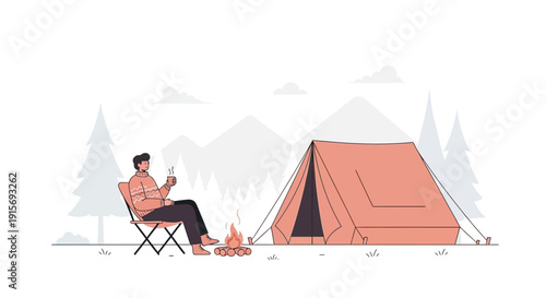 Enjoying Peaceful Camping: A Person Relaxing by Campfire, Beside Tent, Mountain View