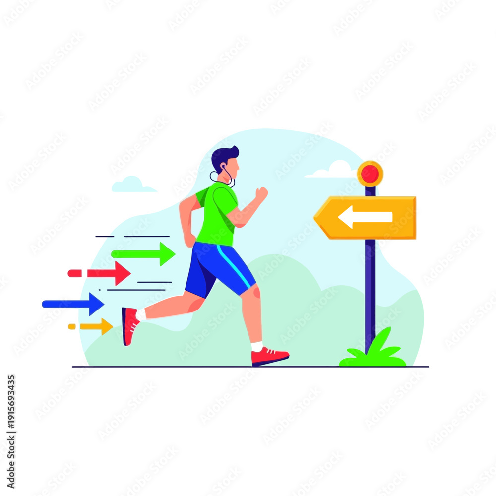 Fototapeta premium Energetic Athlete Running Towards Directional Guidance, Achieving Performance Goals Steadily