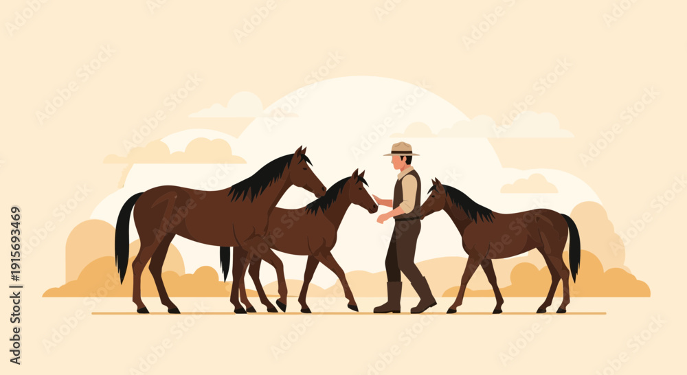 Fototapeta premium Equine Handler With Majestic Horses In A Beautiful Landscape At A Gentle Pace