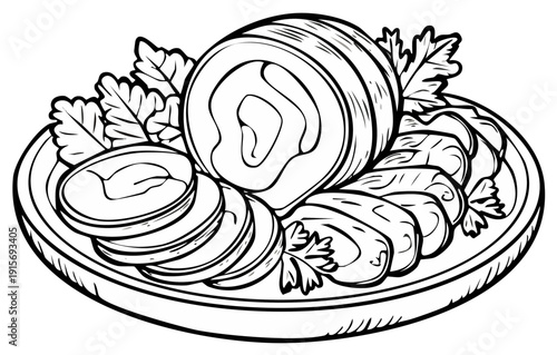 Line art illustration of roulade on a plate with sliced ​​roll and parsley sprigs