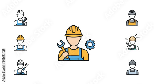 Cartoon construction workers with tools and hard hats wrenches gears