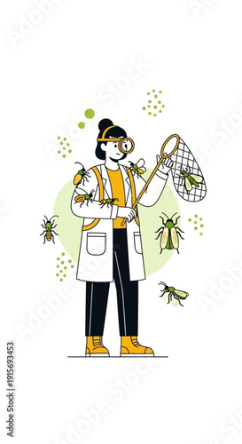 Entomologist Studying Insects With Net And Magnifying Glass Illustration