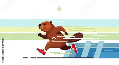 Energetic Beaver Running Fast in Red Sneakers Dynamic Motion Illustration