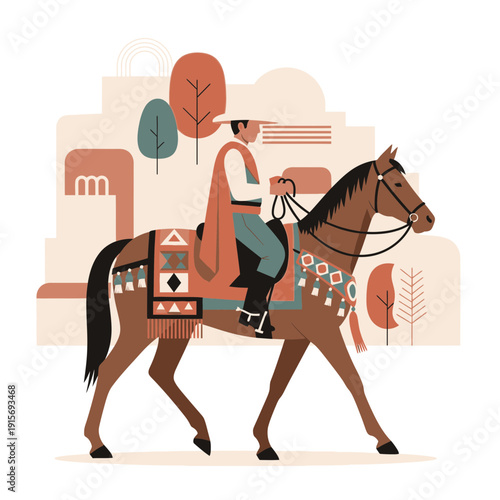 Equestrian Scene With Flat Design Horse Rider And Stylized Landscape